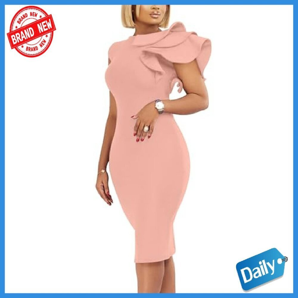Elegant Formal Bodycon Ruffle Sleeveless Midi Cocktail Party Dress - Picture 3 of 7